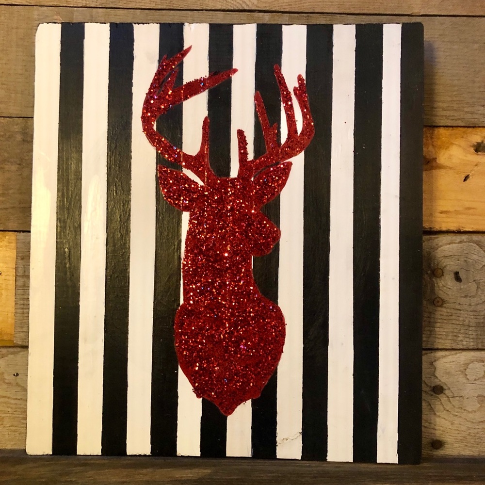 Red Glitter Reindeer Wooden Sign